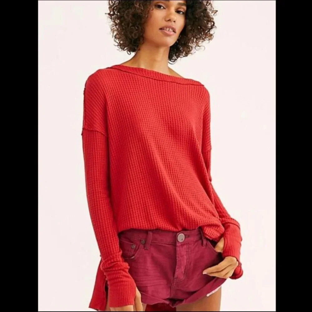 We the free north shore oversized long sleeve thermal tunic red size XS